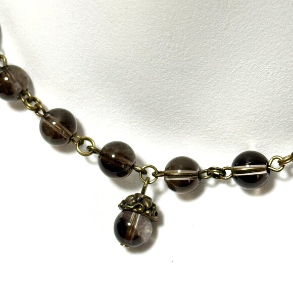 Natural Smoky Quartz Adjustable Short Necklace, Genuine Gemstone + Bronze Acorn - Picture 1 of 13